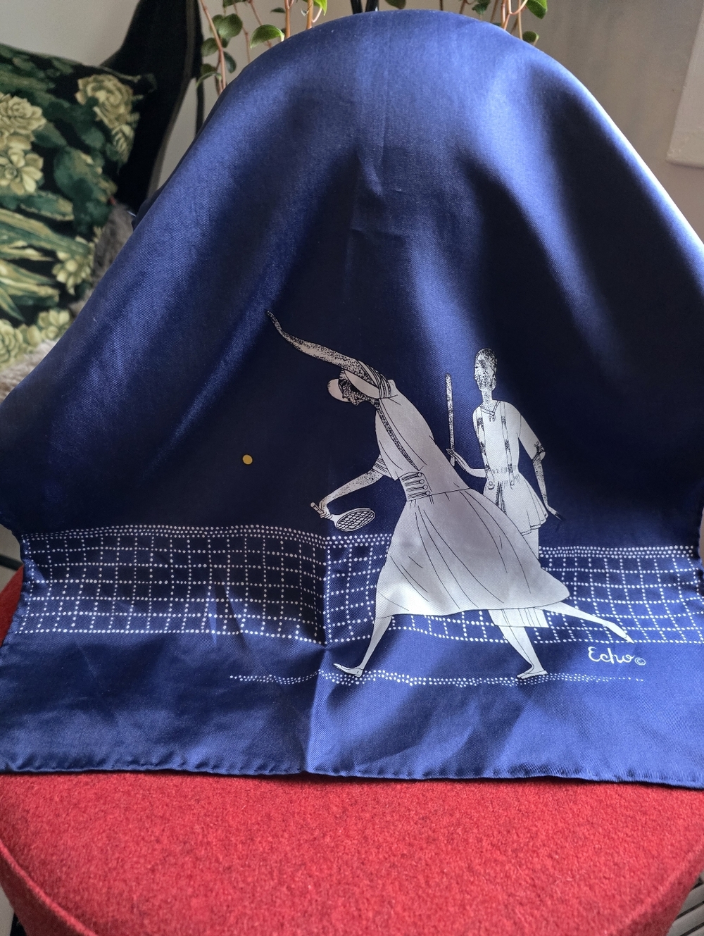 Vintage Echo silk scarf featuring an Art Deco illustration of female tennis Play